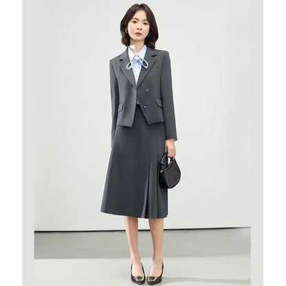 Double-Breasted Blazer & Pleated Asymmetrical A-Line Skirt Set