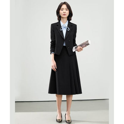 Double-Breasted Blazer & Pleated Asymmetrical A-Line Skirt Set
