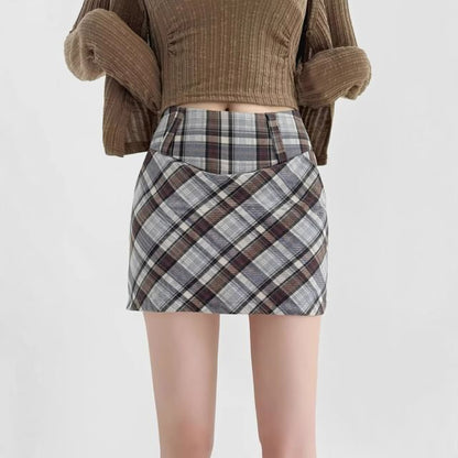 Plaid Mini Pencil Skirt with High Waist