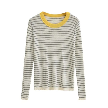 Slim-Fit Striped Knit Top with Long Sleeves