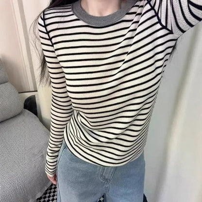 Slim-Fit Striped Knit Top with Long Sleeves