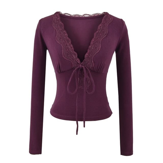 Slim-Fit Cropped Tee with Lace Trim, Tie Front and V-Neckline