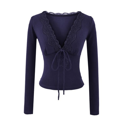 Slim-Fit Cropped Tee with Lace Trim, Tie Front and V-Neckline