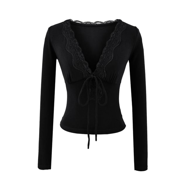 Slim-Fit Cropped Tee with Lace Trim, Tie Front and V-Neckline