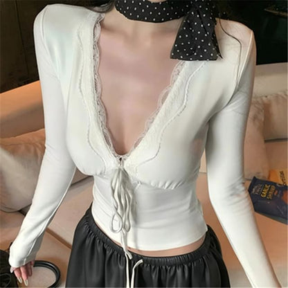 Slim-Fit Cropped Tee with Lace Trim, Tie Front and V-Neckline