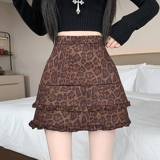Leopard Print Faux Suede Mini A-Line Skirt with Frill Trim