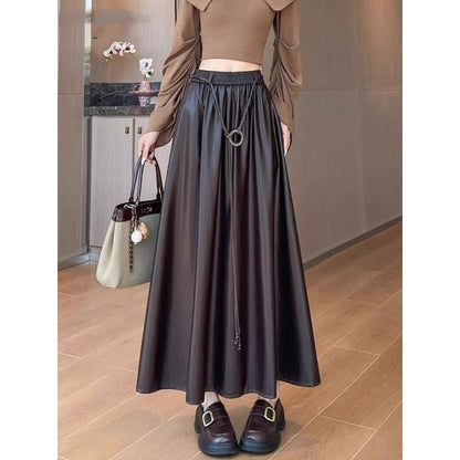 Faux Leather Midi A-Line Skirt with High Waist