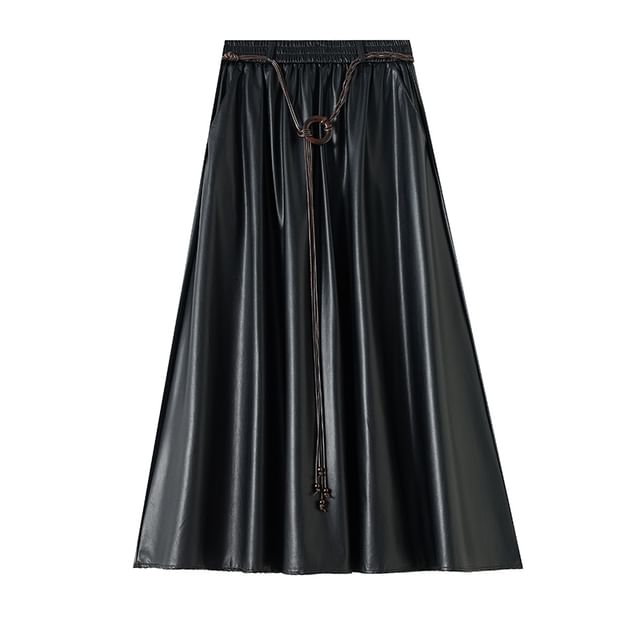Faux Leather Midi A-Line Skirt with High Waist