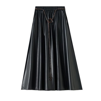 Faux Leather Midi A-Line Skirt with High Waist
