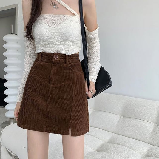 Corduroy Mini A-Line Skirt with Slit