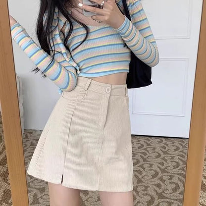 Corduroy Mini A-Line Skirt with Slit