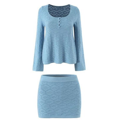 Scoop Neck Henley Knit Top & High Waist Mini Skirt