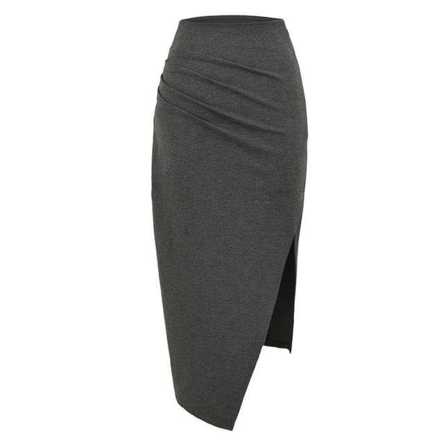 Ruched Asymmetrical Slit Midi Pencil Skirt