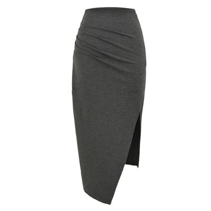 Ruched Asymmetrical Slit Midi Pencil Skirt