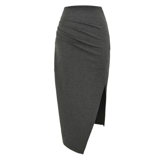 Ruched Asymmetrical Slit Midi Pencil Skirt
