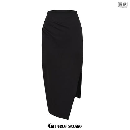 Ruched Asymmetrical Slit Midi Pencil Skirt