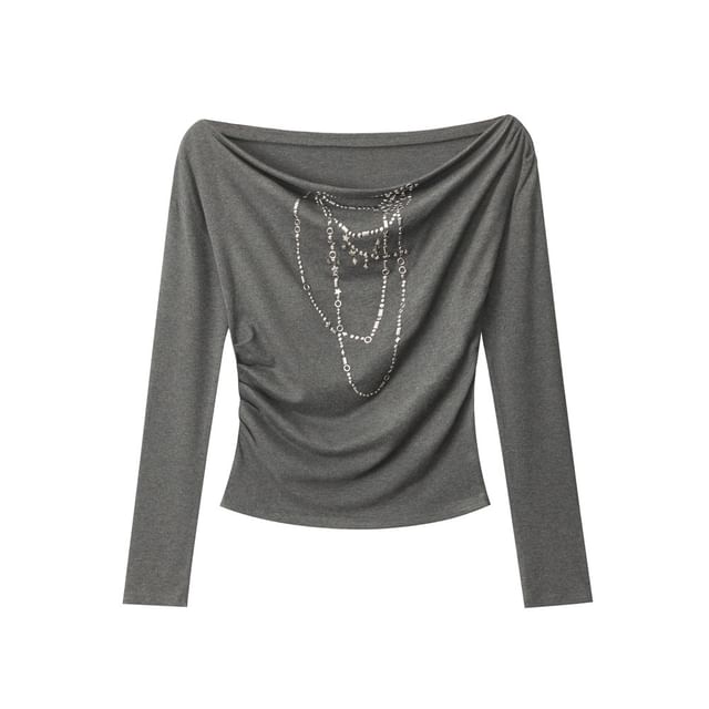 Studded Off-the-Shoulder Tee with Long Sleeves
