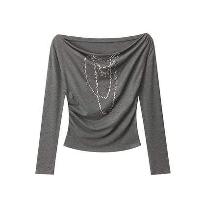 Studded Off-the-Shoulder Tee with Long Sleeves