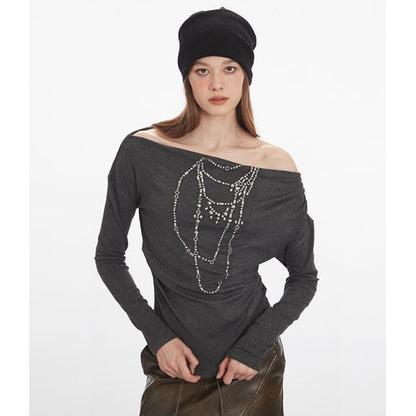 Studded Off-the-Shoulder Tee with Long Sleeves
