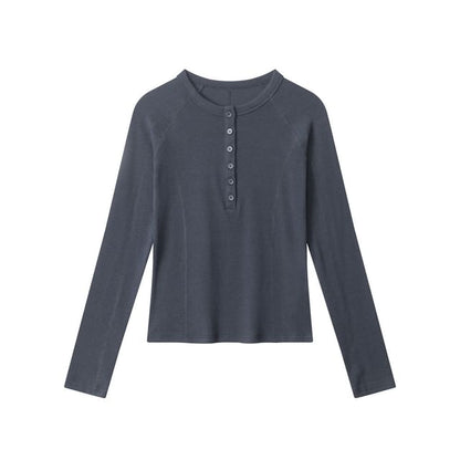 Round-Neck Henley Tee with Long Sleeves