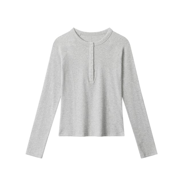 Round-Neck Henley Tee with Long Sleeves