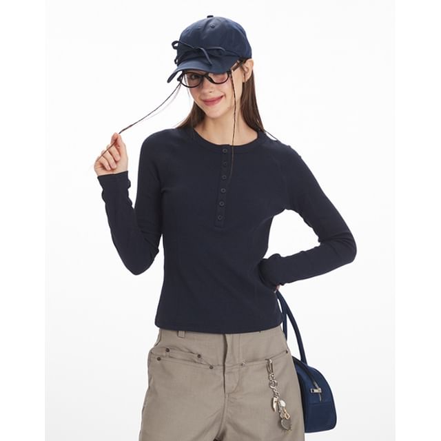 Round-Neck Henley Tee with Long Sleeves