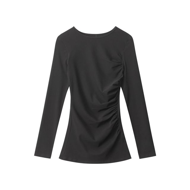 Solid Ruched Tee with Round Neck and Extended Sleeves