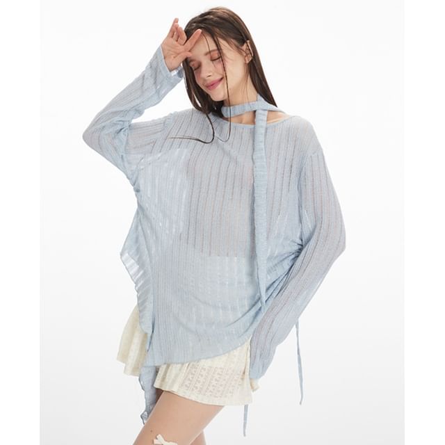 Ruched Scoop-Neck Knit Top with Long Sleeves