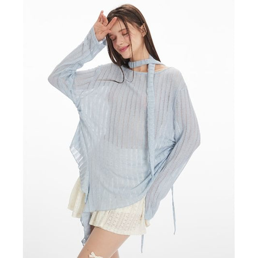 Ruched Scoop-Neck Knit Top with Long Sleeves