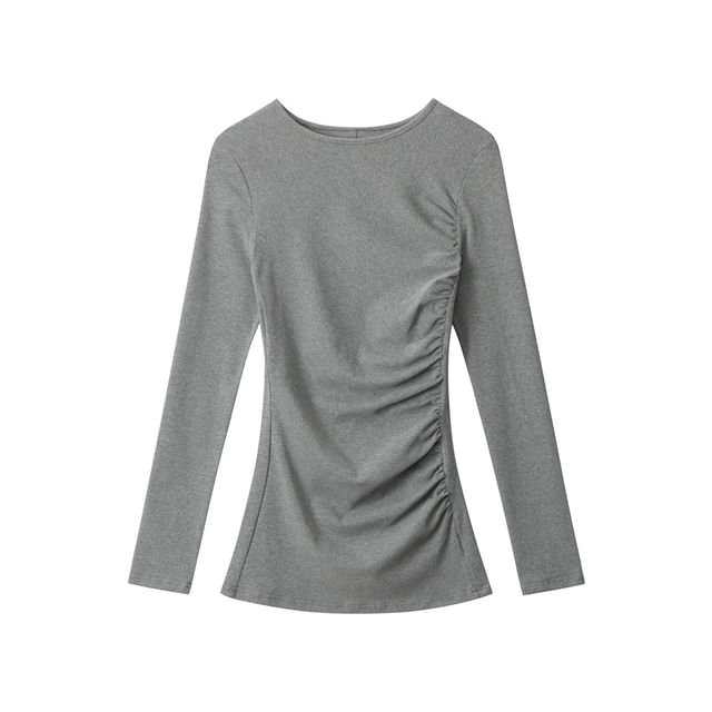 Solid Ruched Tee with Round Neck and Extended Sleeves