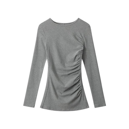 Solid Ruched Tee with Round Neck and Extended Sleeves