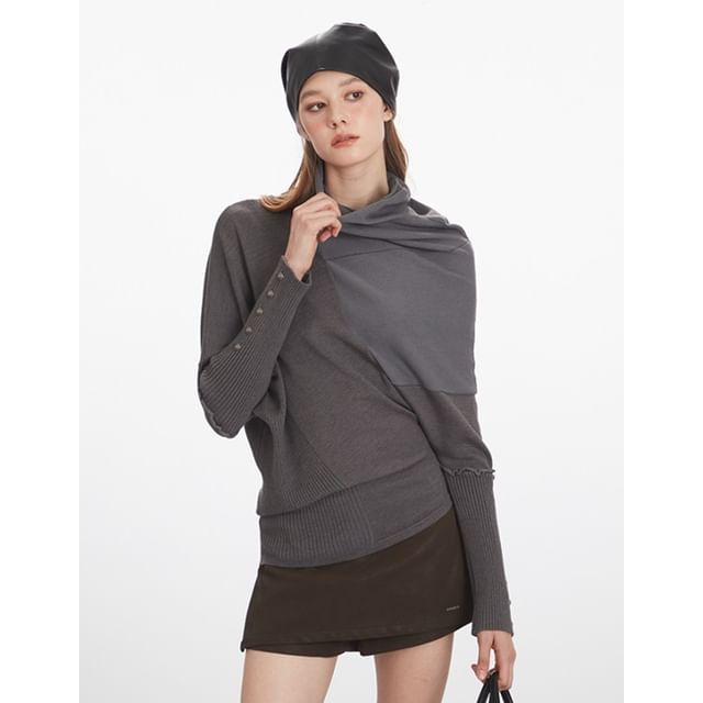 Asymmetric Turtleneck Knit Top with Long Sleeves