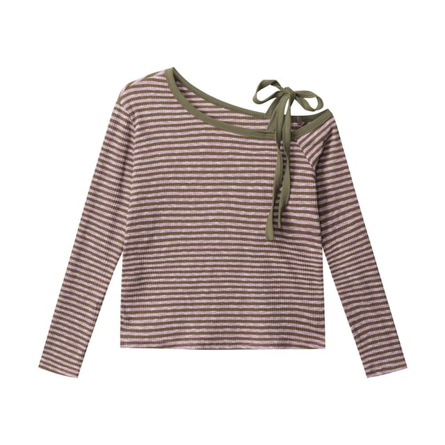 Striped Cold-Shoulder Tee with Long Sleeves