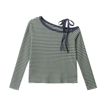 Striped Cold-Shoulder Tee with Long Sleeves
