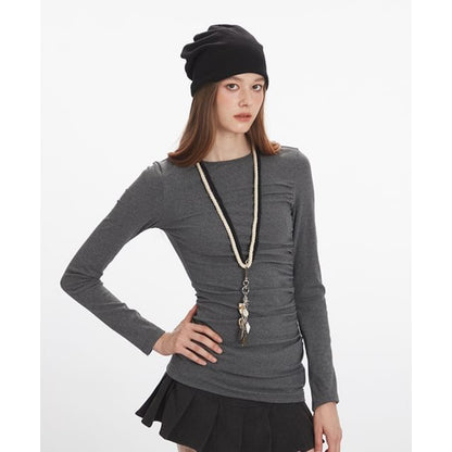 Solid Ruched Tee with Round Neck and Extended Sleeves