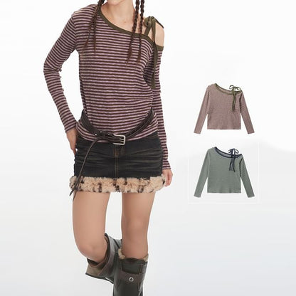 Striped Cold-Shoulder Tee with Long Sleeves
