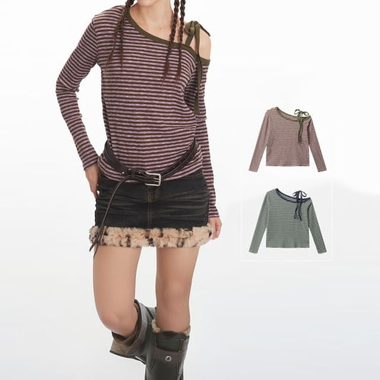 Striped Cold-Shoulder Tee with Long Sleeves