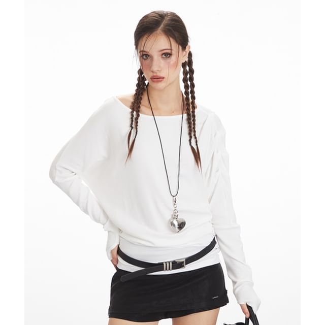 Ruched Scoop-Neck Tee with Long Sleeves