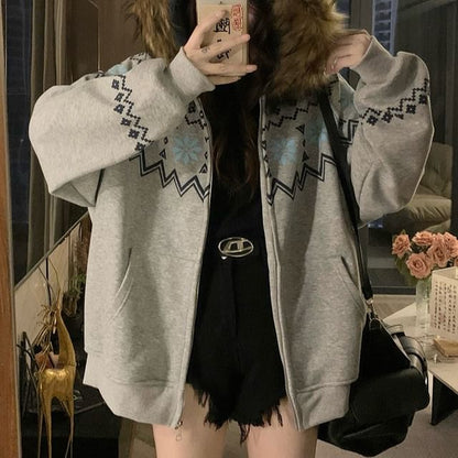 Furry Trim Hooded Pattern Zip-Up Jacket