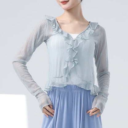 Sheer Ruffled Crop Tee with V-Neckline and Long Sleeves