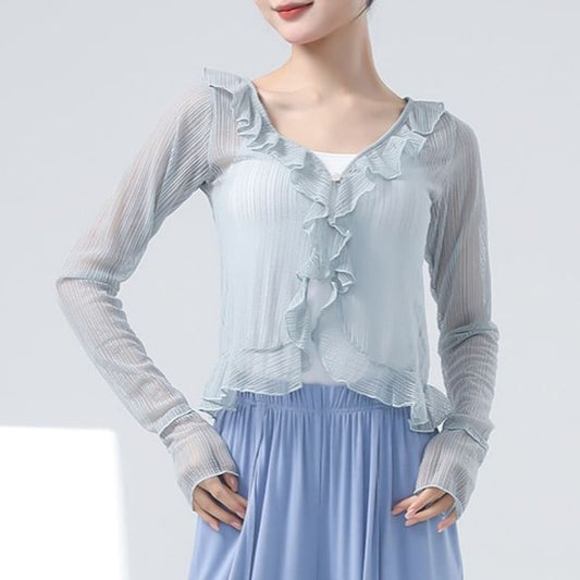 Sheer Ruffled Crop Tee with V-Neckline and Long Sleeves