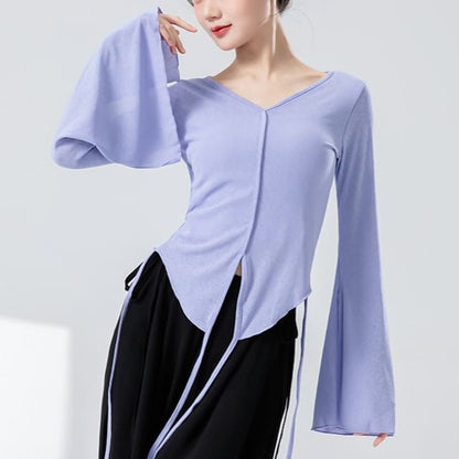 Solid Flared-Sleeve Top with V-Shaped Neckline