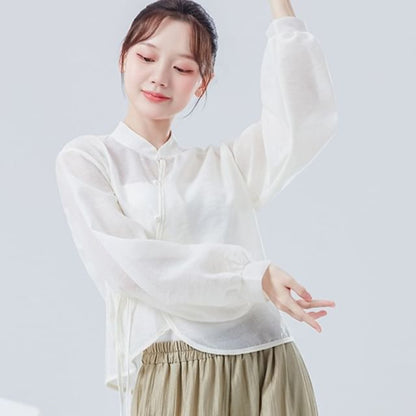 Solid Cropped Tee with Stand Collar and Extended Sleeves