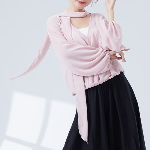 Solid Cropped Tee with V-Neck and Long Sleeves