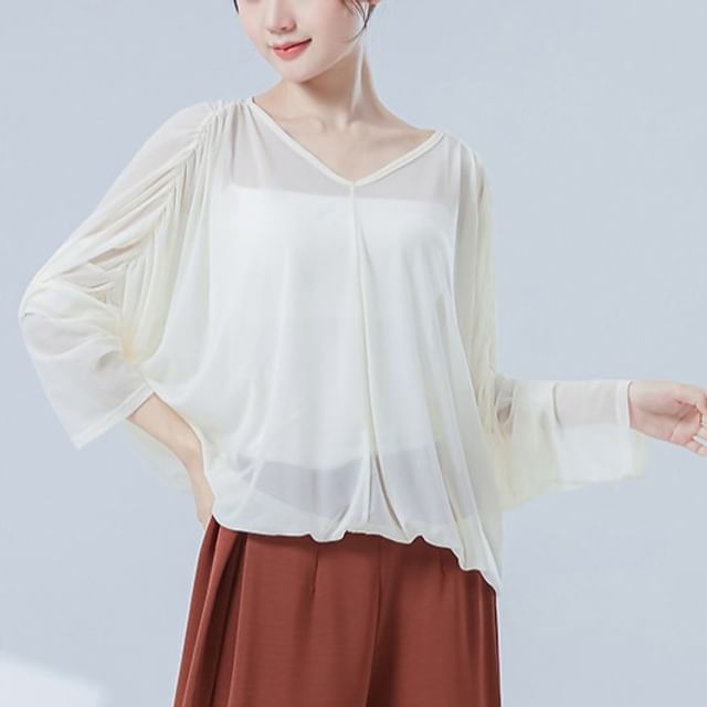 Solid Top with V-Shaped Neck and Long Sleeves