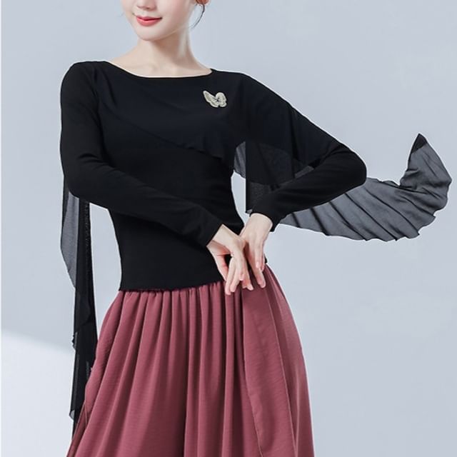 Sheer Layered Top with Crew Neckline and Extended Sleeves