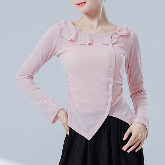 Asymmetric Solid Top with Frilled U-Neckline and Long Sleeves