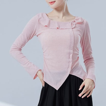 Asymmetric Solid Top with Frilled U-Neckline and Long Sleeves