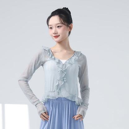 Sheer Ruffled Crop Tee with V-Neckline and Long Sleeves