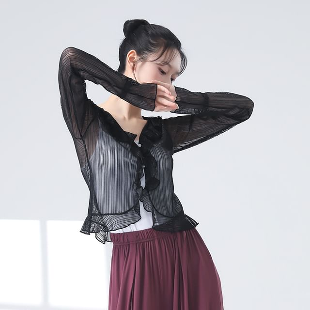 Sheer Ruffled Crop Tee with V-Neckline and Long Sleeves